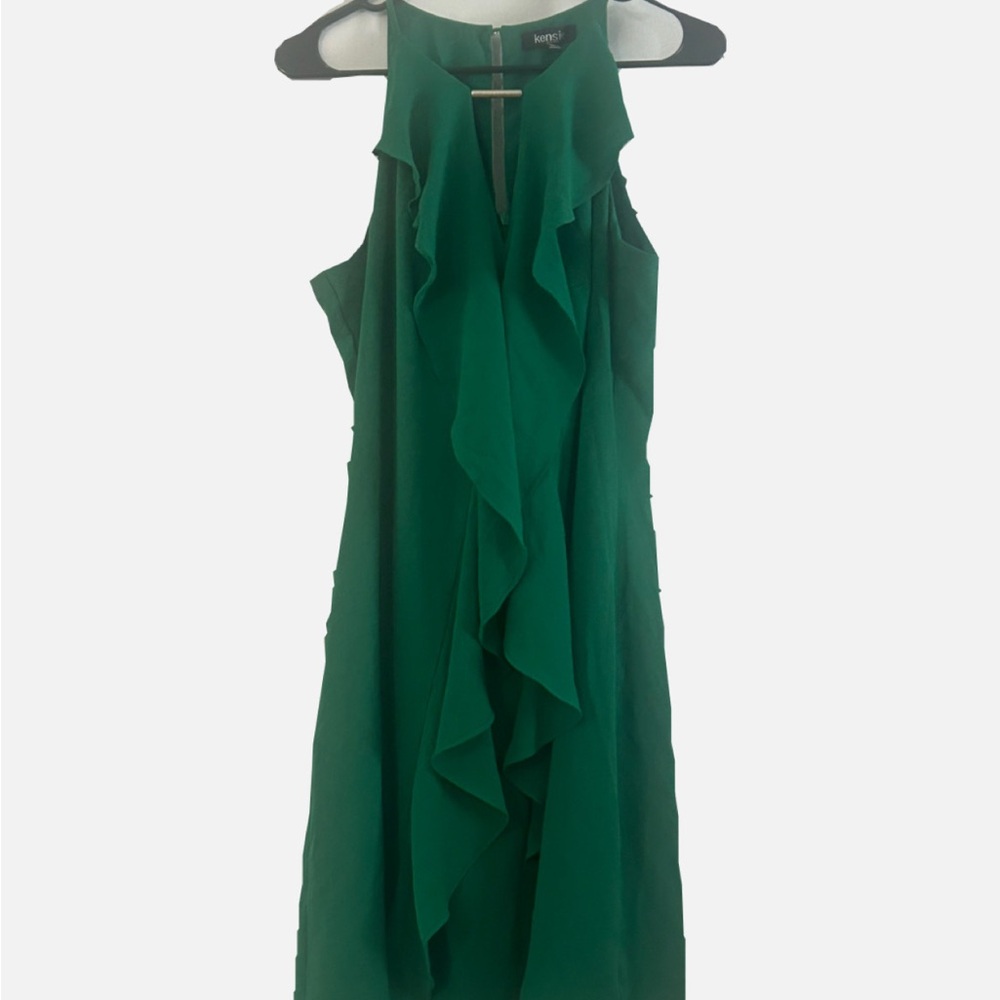 Kensie Green Asymmetrical Ruffled Sheath Midi Dress
